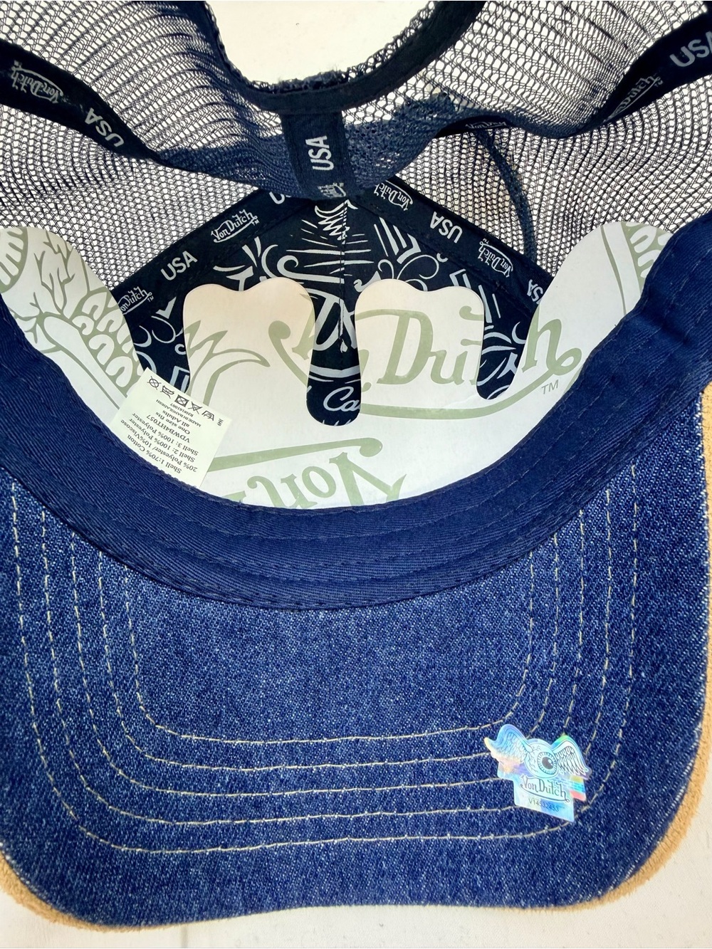 Von Dutch Dark Blue Denim/Khaki Suede Trucker Hat - NWT - Picture 4 of 5